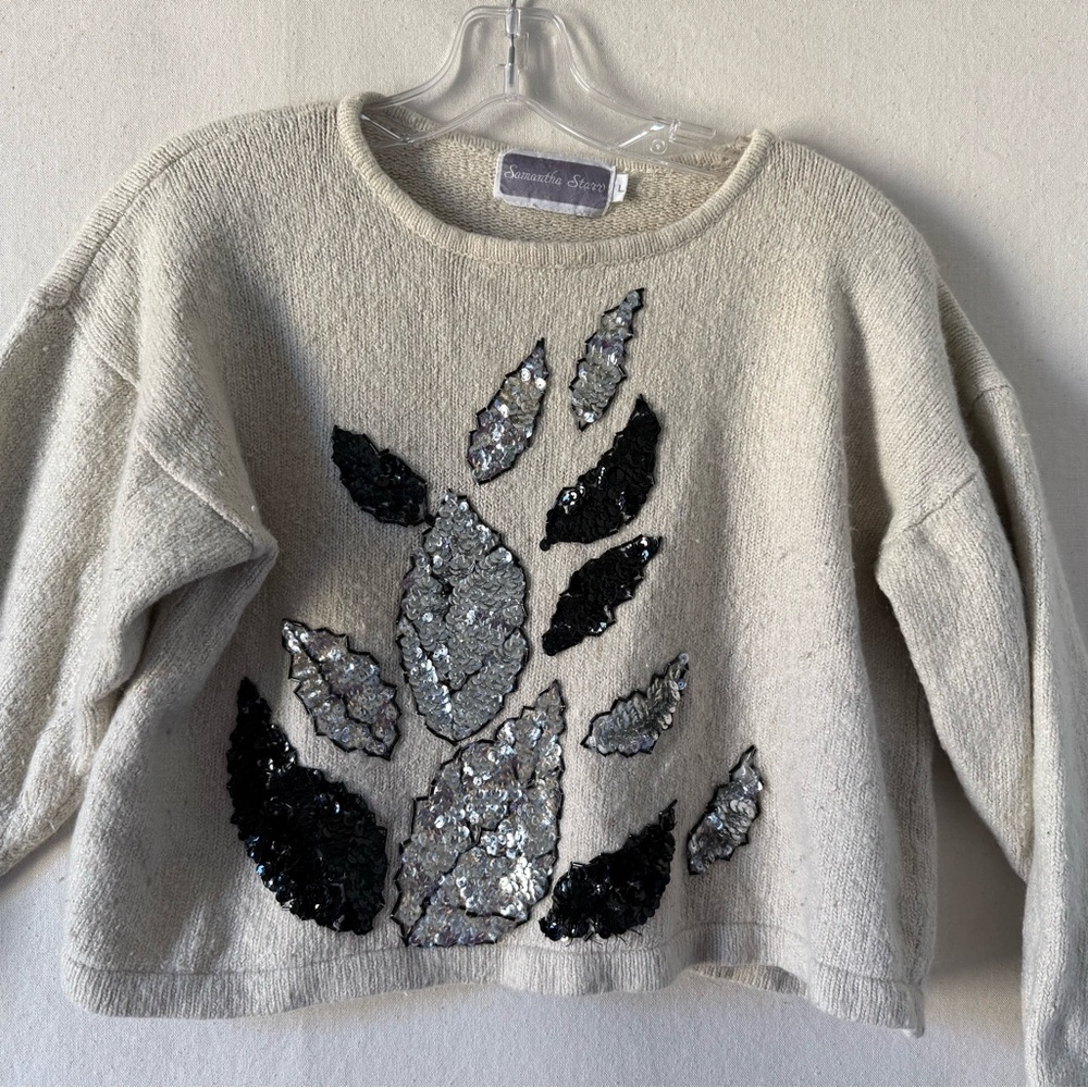 Samantha Starr Vintage 80’s Cream Sweater with Sequin Leaf Pattern